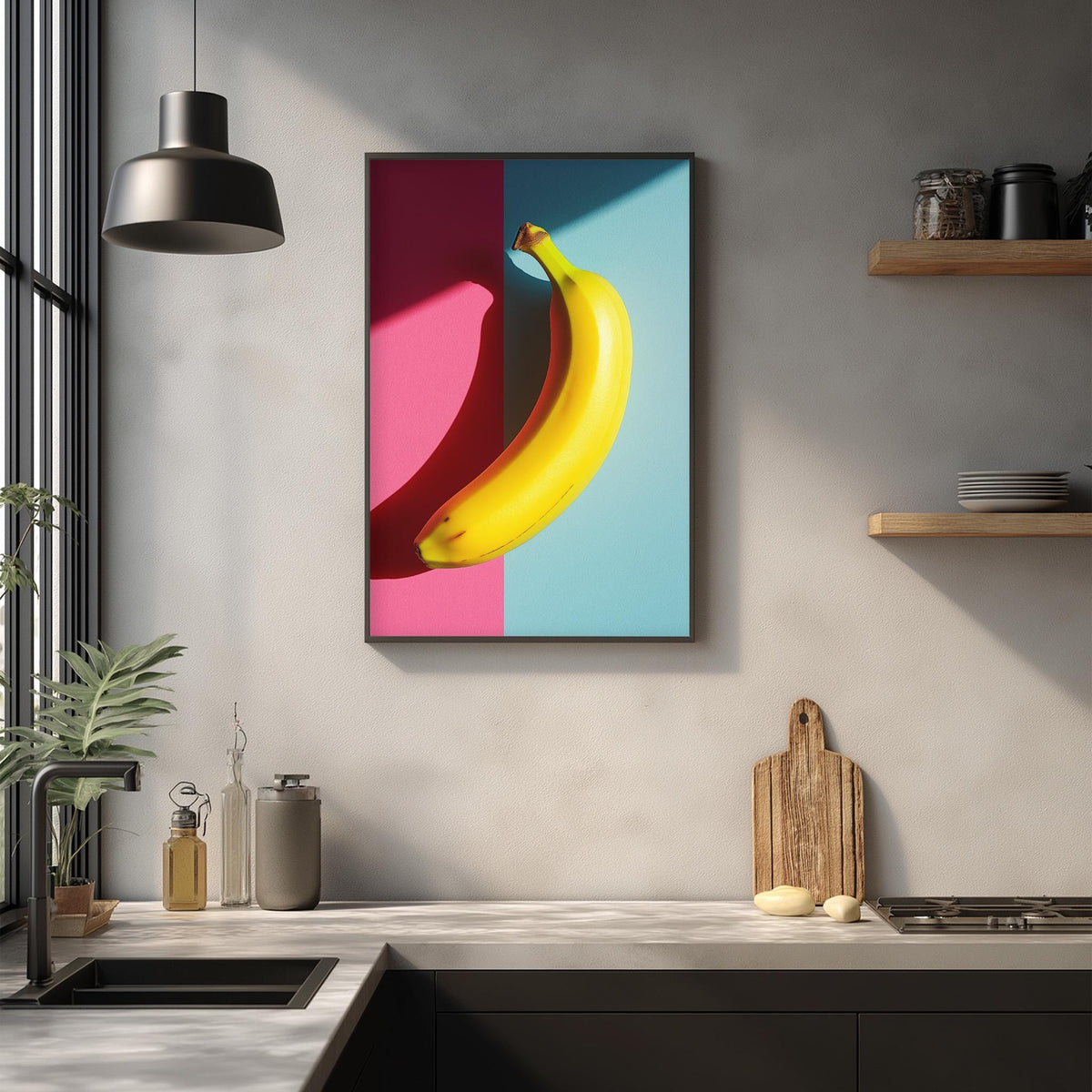 a kitchen counter with a framed picture of a banana hanging on the wall above it. The kitchen counter also has various kitchen items such as a cutting board, a bottle, and a bowl.
