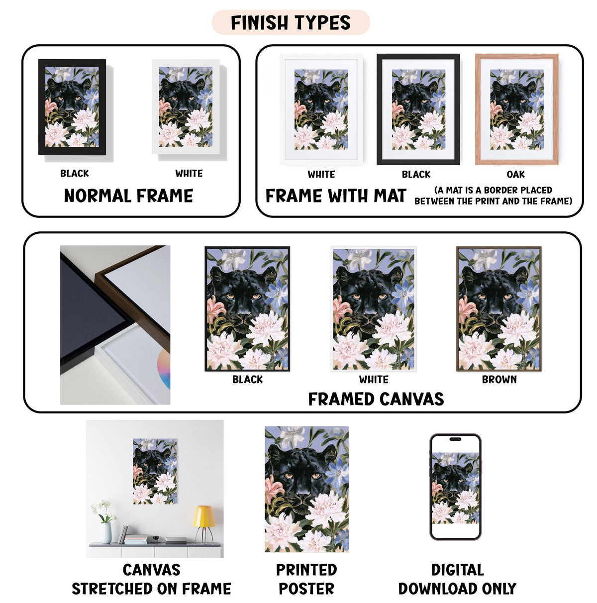various types of framed artwork, including paintings and photographs, with different finishes and mat colors. It also includes information about the finishes and mat colors for the artwork.