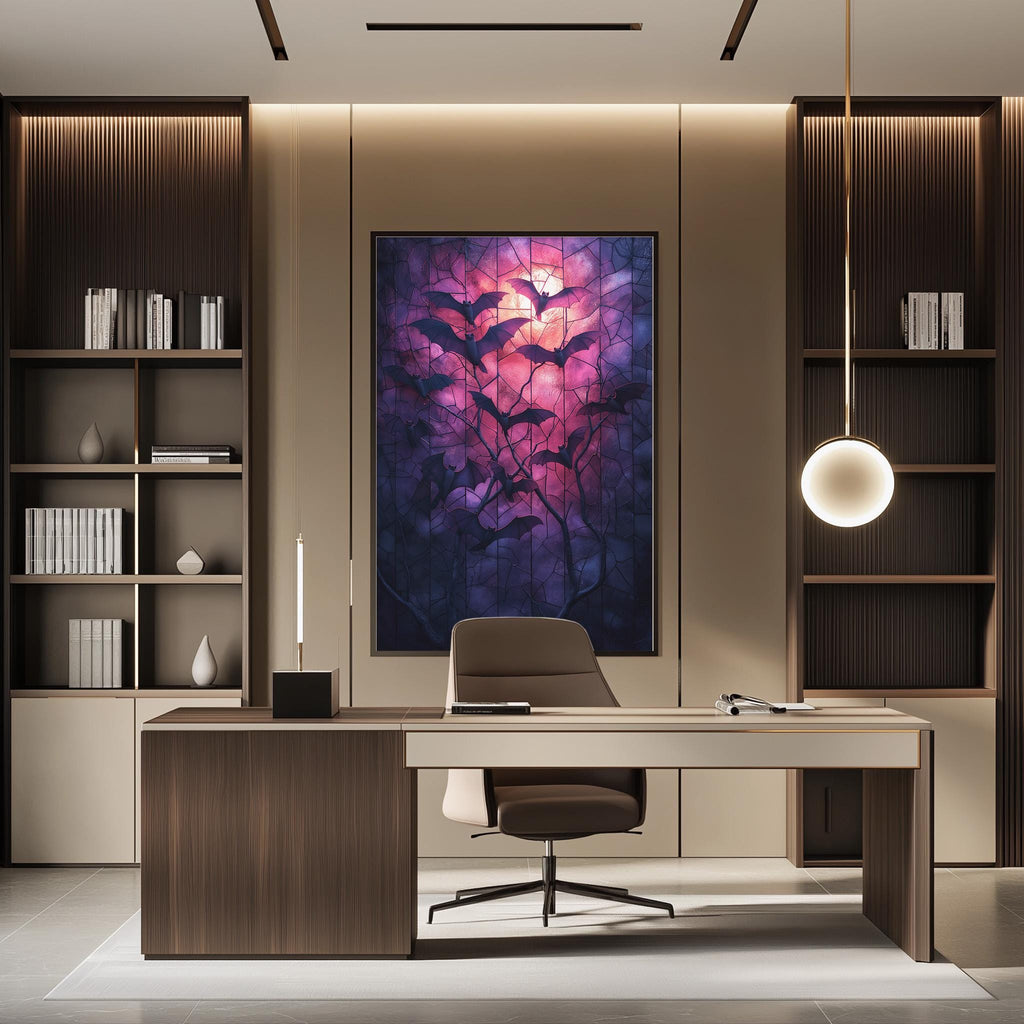 a modern and stylish office space with a large abstract painting on the wall, a wooden desk with a chair, and built-in bookshelves.