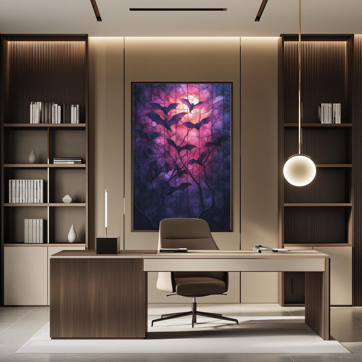 a modern and stylish office space with a large abstract painting on the wall, a wooden desk with a chair, and built-in bookshelves.