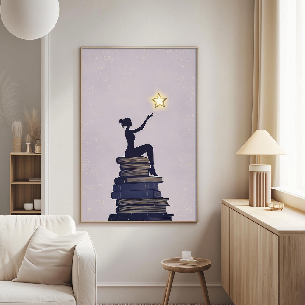 a woman sitting on a stack of books, reaching up towards a star, in a cozy living room setting.