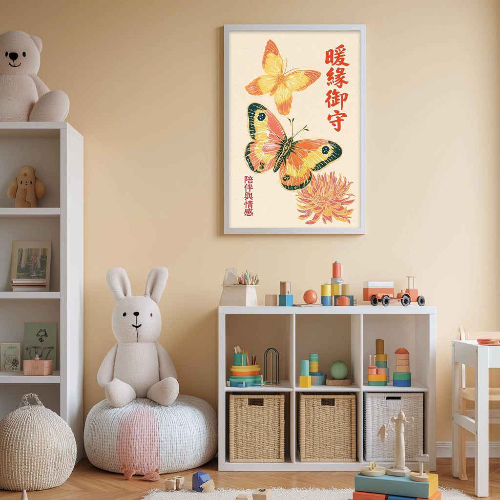 A child's bedroom with a white bookshelf, a stuffed rabbit, and a colorful poster featuring butterflies and a flower.