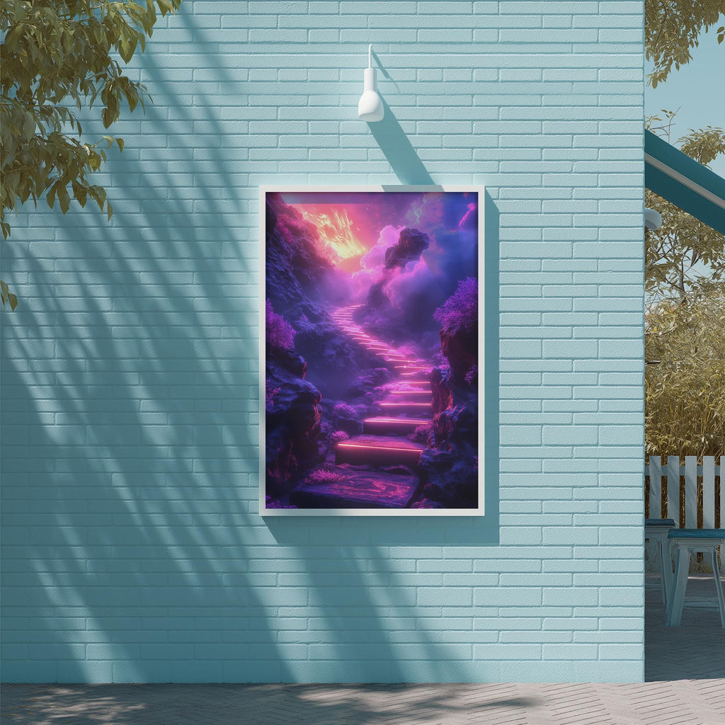 a large, vibrant painting of a fantastical landscape with a winding path leading up to a cliff, surrounded by a purple and pink sky.