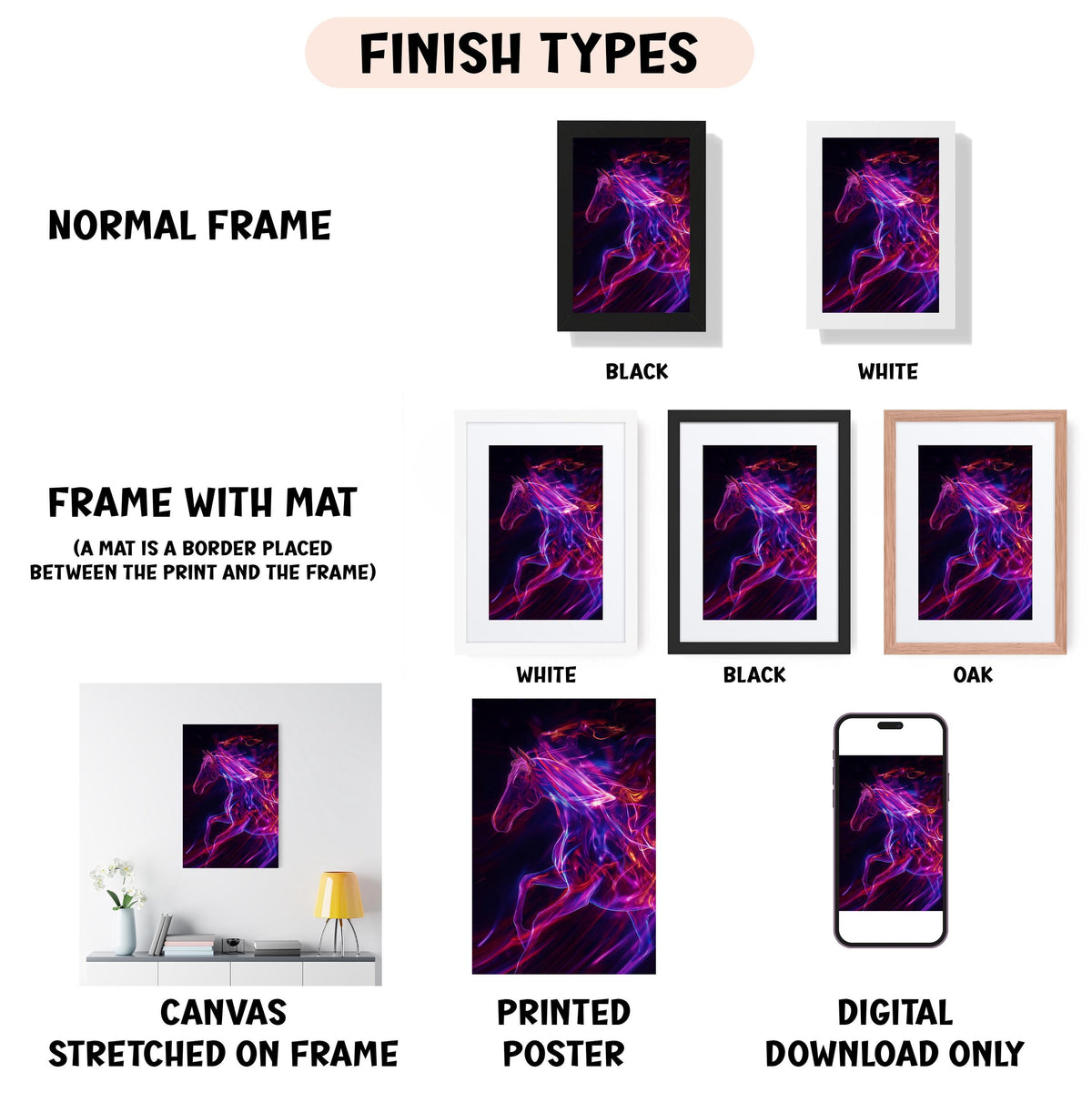 various types of artwork, including a normal frame, a frame with a mat, a white frame, a black frame, an oak frame, a white canvas stretched on a frame, a printed poster, and a digital download only.