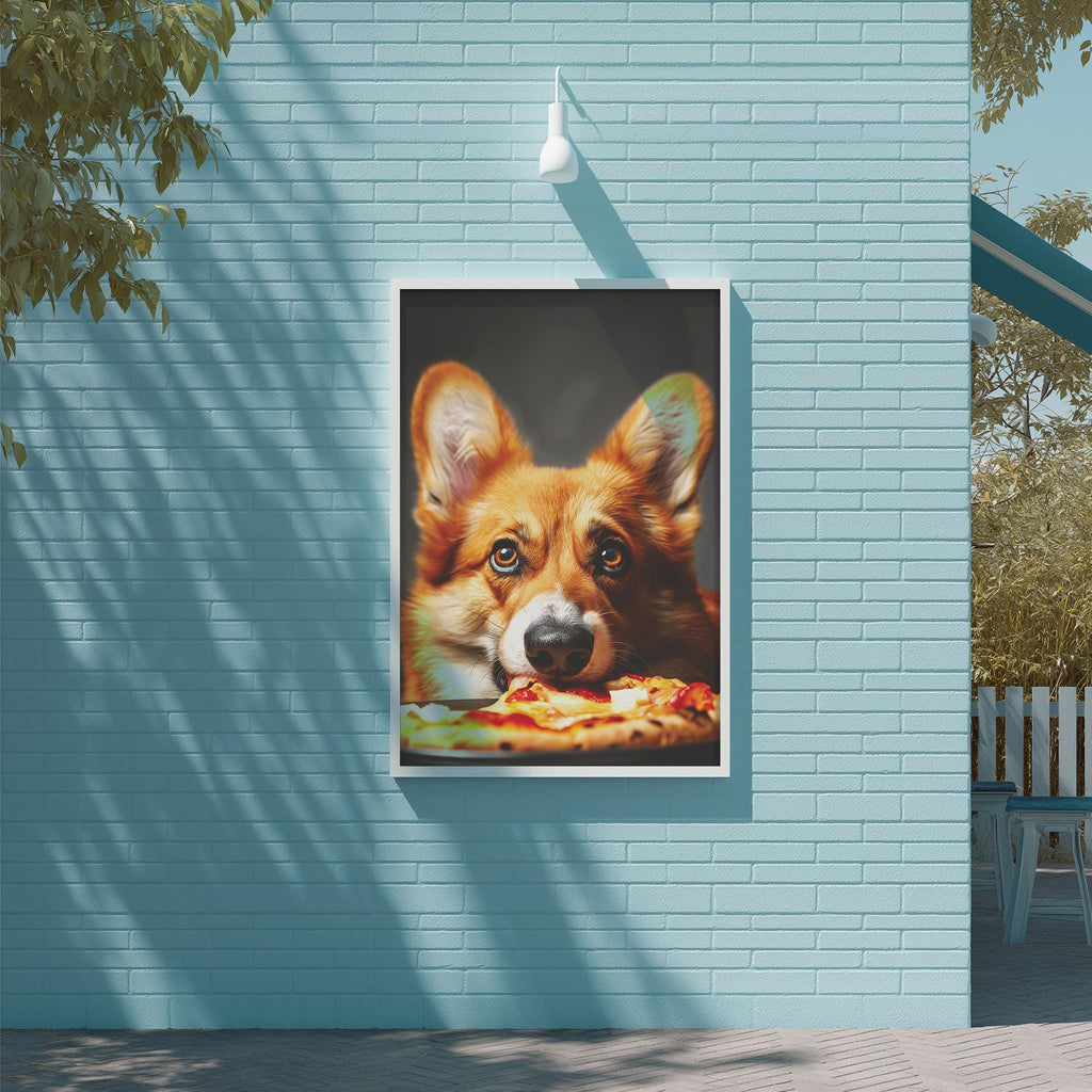 A framed image of a dog with a pizza in its mouth is displayed on a blue brick wall.
