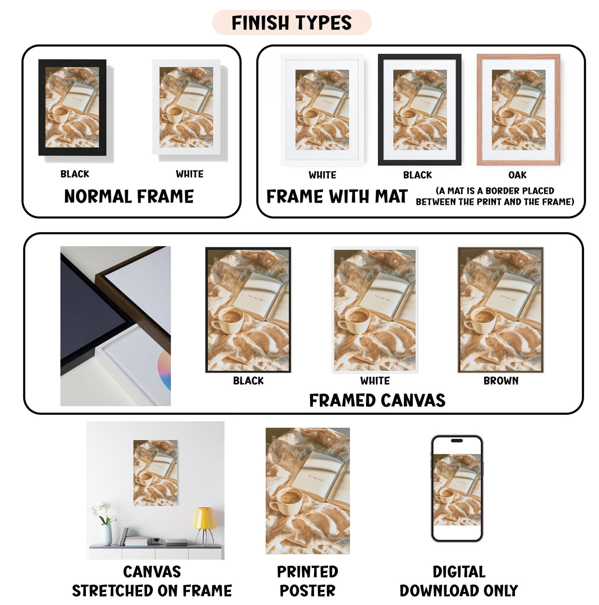 various finish types for canvas and framed canvas art, including black, white, black, oak, white, black, white, brown, framed canvas, stretched canvas, printed poster, and digital download only.