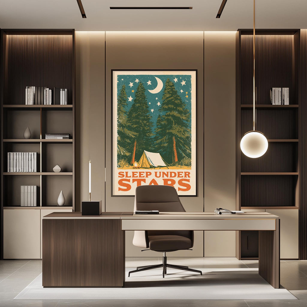 a modern office space with a desk, chair, and bookshelves. A large poster of a forest scene with a crescent moon and stars hangs on the wall above the desk.