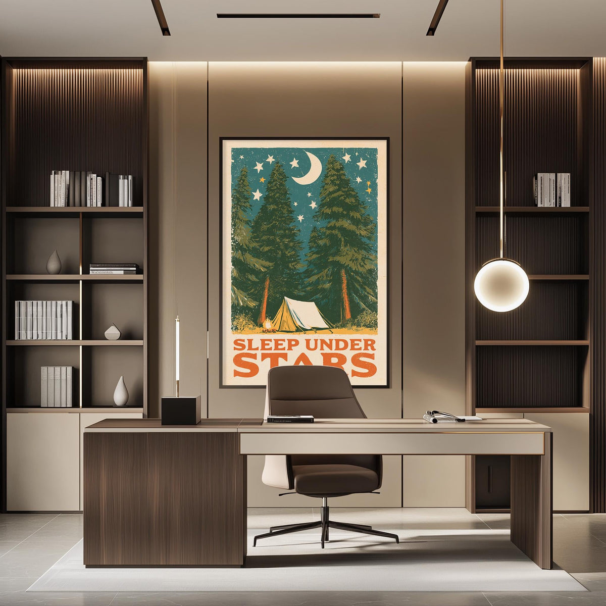 a modern office space with a desk, chair, and bookshelves. A large poster of a forest scene with a crescent moon and stars hangs on the wall above the desk.