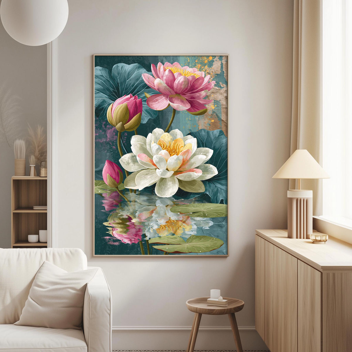 a large painting of colorful flowers hanging on a wall in a living room.