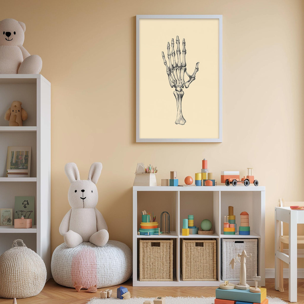 A child's bedroom with a white bookshelf, a stuffed rabbit, a toy train, and a framed illustration of a hand on the wall.