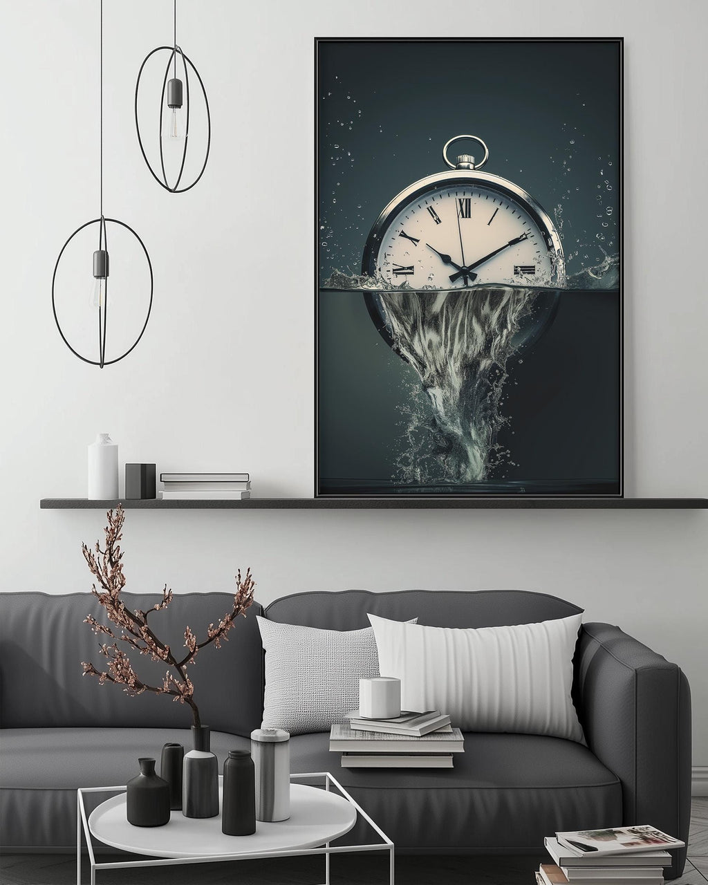 a large clock with water pouring out of it, creating a dynamic and artistic composition.