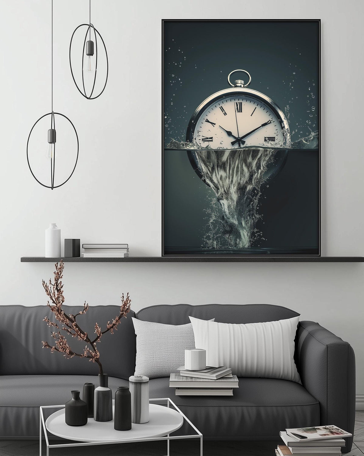 a large clock with water pouring out of it, creating a dynamic and artistic composition.