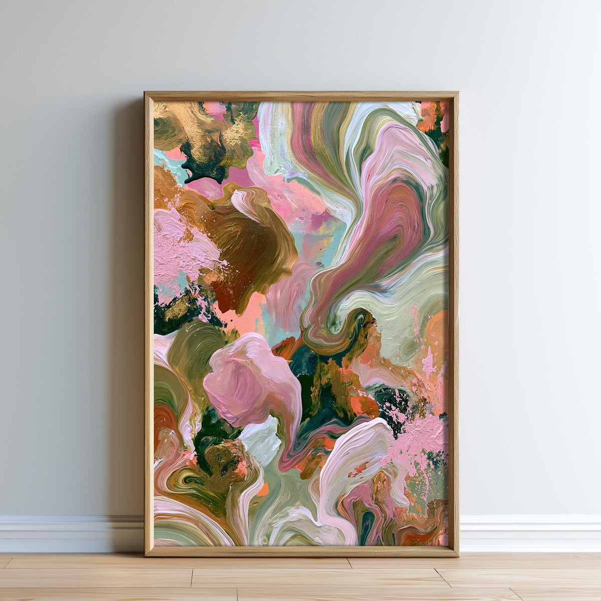 The image is a vibrant abstract painting with a mix of pink, green, and orange colors, creating a dynamic and energetic composition.