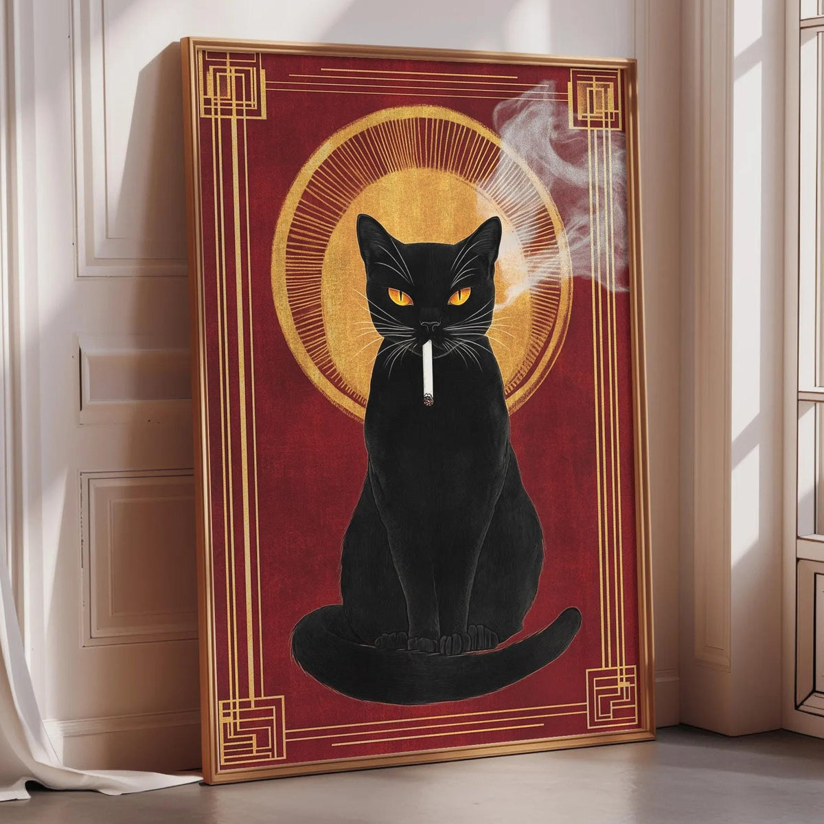 A framed illustration of a black cat sitting on a red background, with a yellow sunburst design in the center.