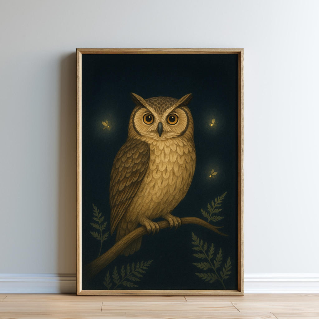 The image is a framed painting depicting an owl perched on a branch, surrounded by glowing insects.