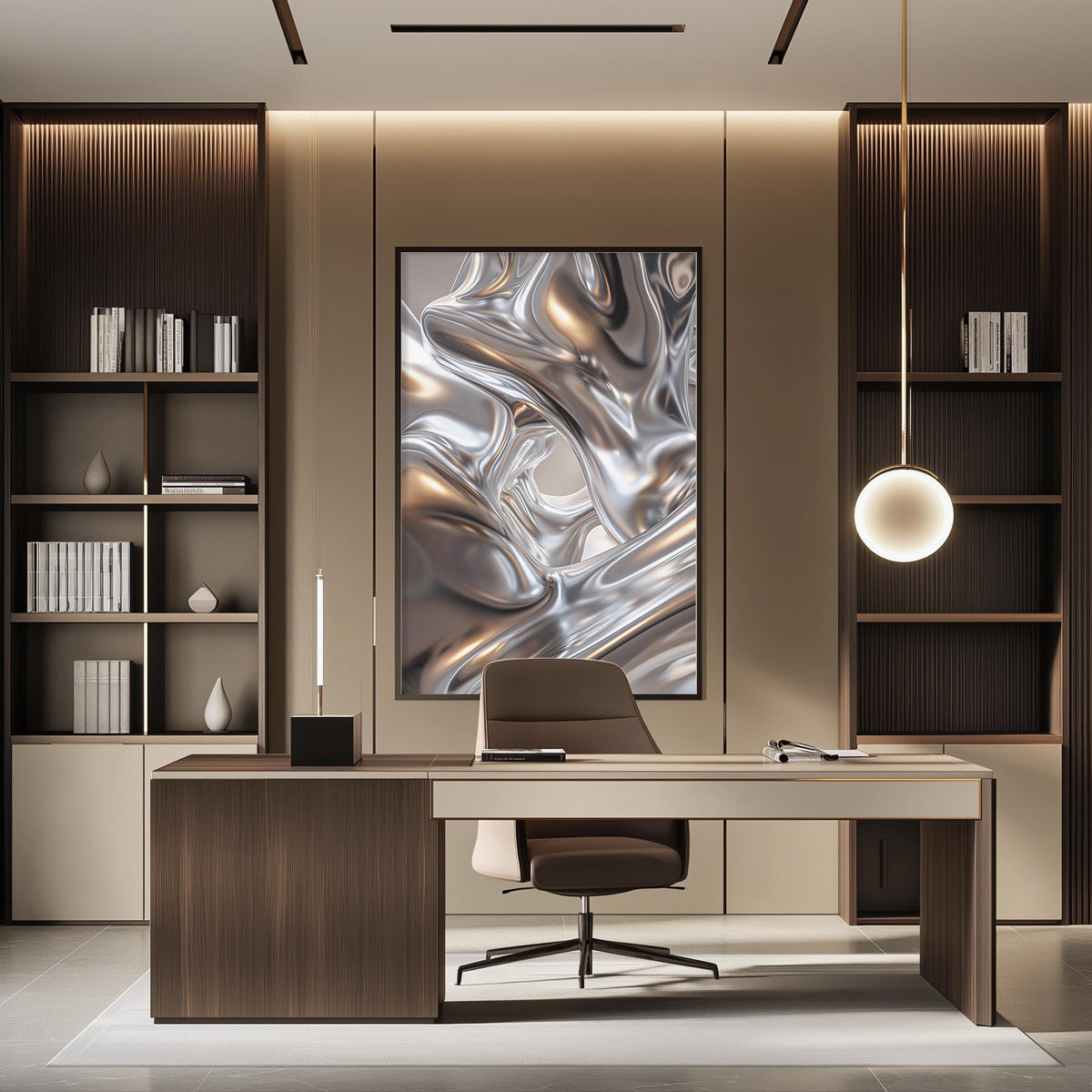 a modern and stylish office space with a large abstract painting on the wall, a wooden desk with a chair, and built-in bookshelves.