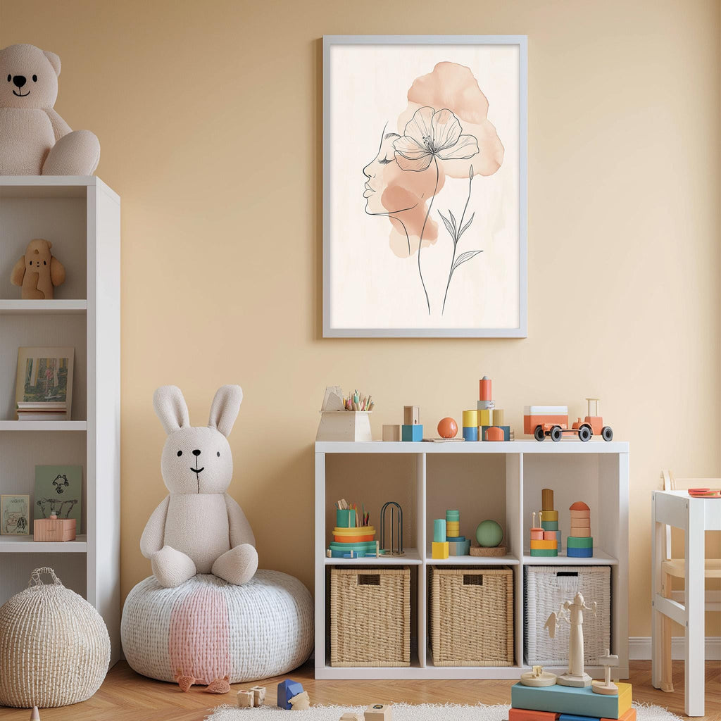 a child's room with toys and a painting on the wall