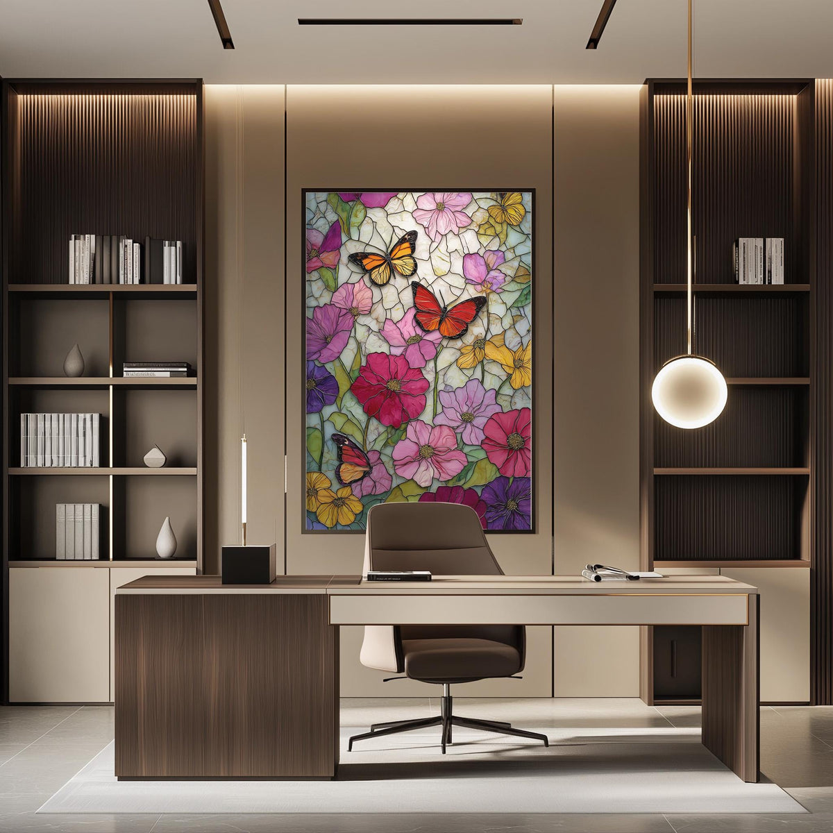 a modern and stylish office space with a large, colorful painting of flowers and butterflies hanging on the wall. The office features a wooden desk, a comfortable chair, and a bookshelf filled with books and decorative items. The overall design and decor create a pleasant and inviting atmosphere.