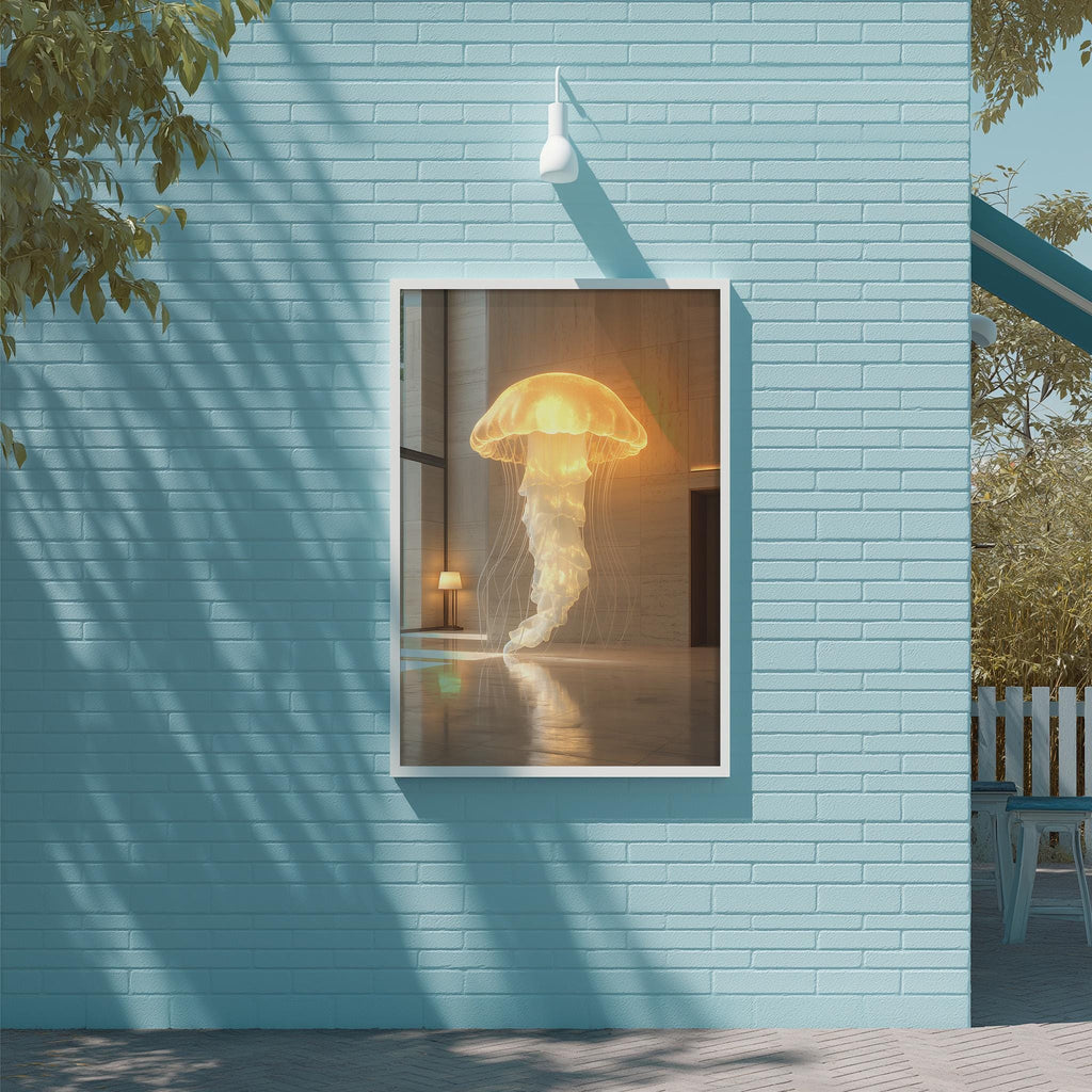 a large, illuminated jellyfish floating in a room with a blue wall and a white light fixture above it.