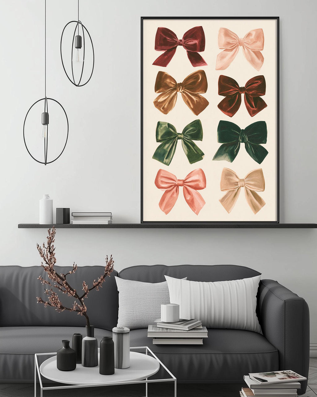 a modern living room with a gray sofa, a coffee table, and a large framed print of colorful bows on the wall above the sofa.