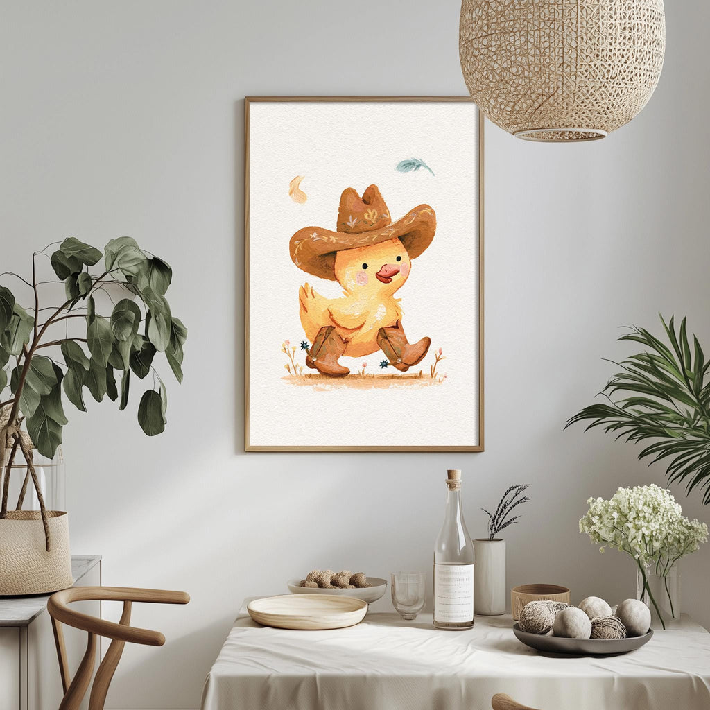a framed illustration of a cartoon duck wearing a cowboy hat, sitting on a grassy field with a bird in the background. The duck is surrounded by various objects, including a bottle, a bowl, and a vase, which are placed on a table. The table also has a potted plant and a bowl of fruit, adding to the overall decor of the room.