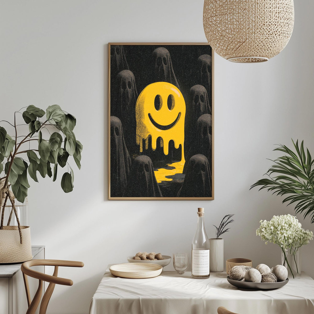 a framed artwork of a yellow, smiling face surrounded by black, ghostly figures, hanging on a wall above a dining table with various items on it.