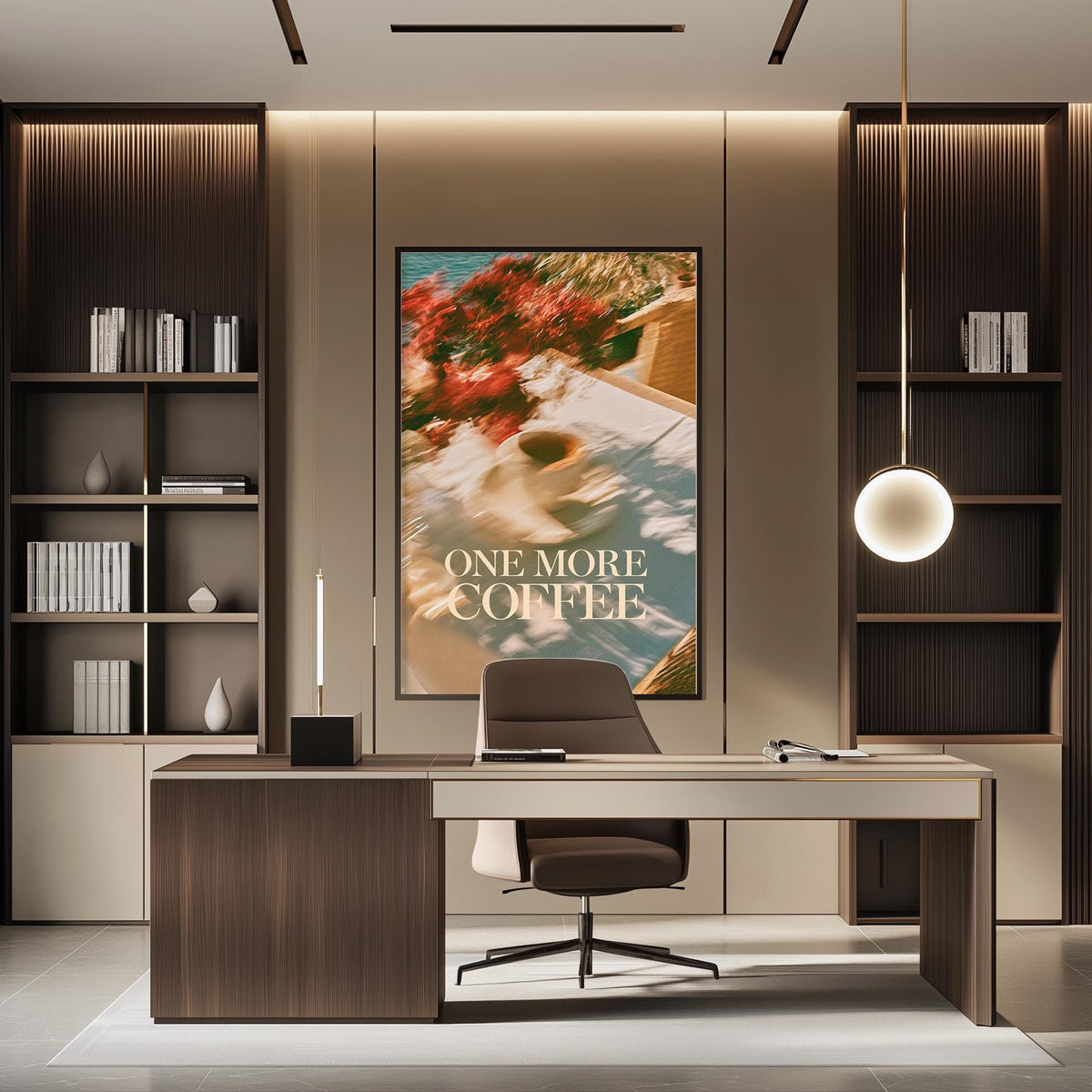 a modern office space with a large framed poster on the wall that says "ONE MORE COFFEE". The office has a wooden desk, a chair, and a bookshelf. The overall design and decor suggest a professional and comfortable workspace.
