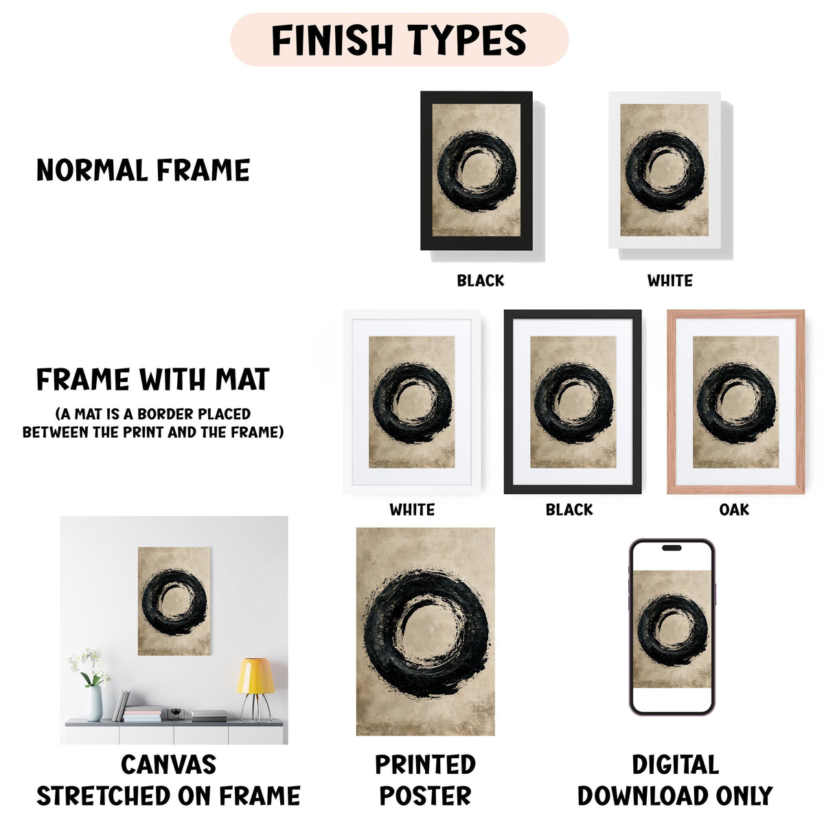 various types of artwork, including a canvas stretched on a frame, a framed print, and a digital poster. The artwork is presented in different frame colors and styles, such as a normal frame, a black frame, a white frame, and an oak frame. The artwork is also described as a canvas stretched on a frame, a printed poster, and a digital download only. The image is a collage of multiple images, and the text provides information about the artwork, such as the finish types and the materials used.