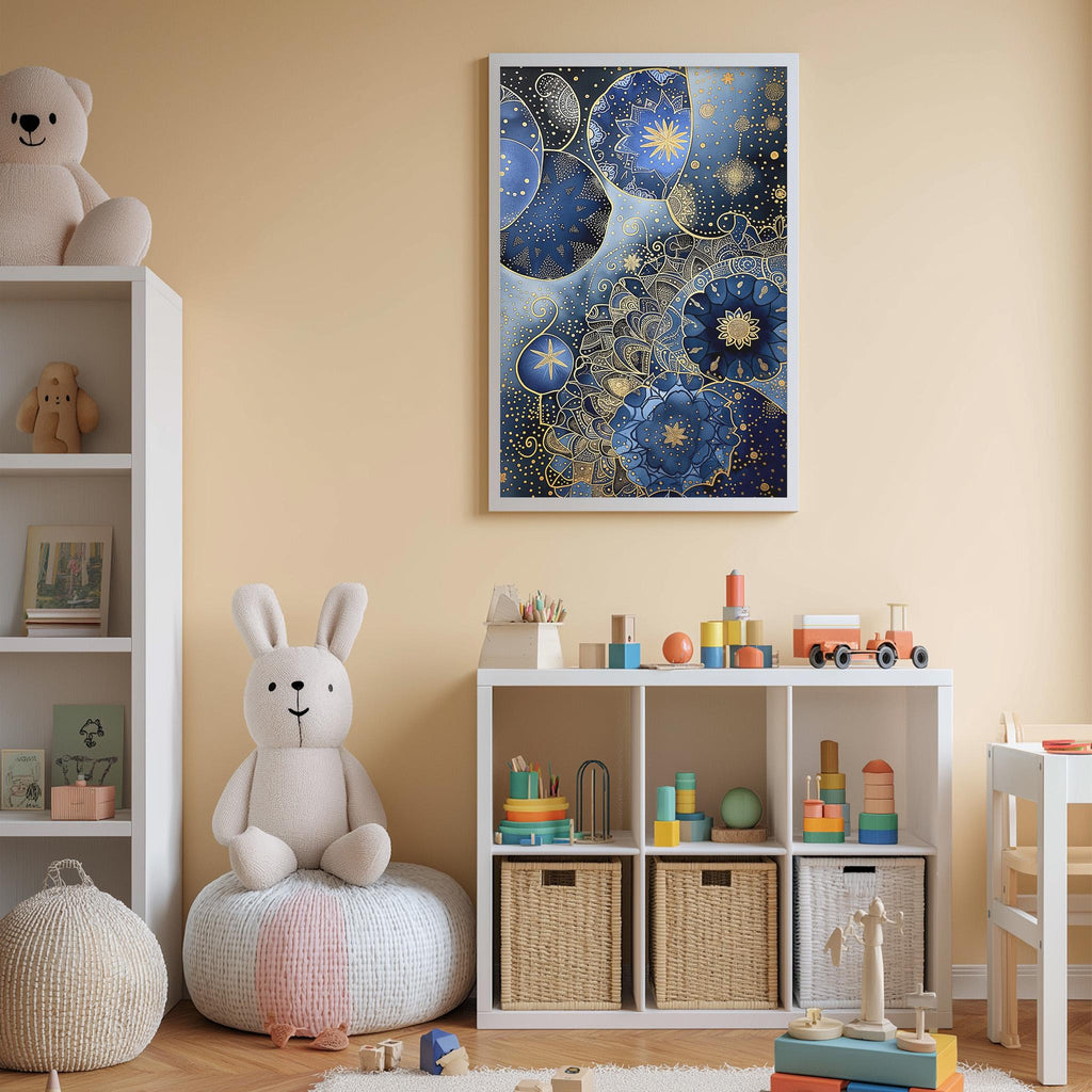 A cozy and colorful children's bedroom with a large stuffed bunny, a bookshelf, and a toy chest filled with toys. The walls are painted a light peach color, and a framed artwork depicting a night sky with blue and gold stars is displayed above the bookshelf.