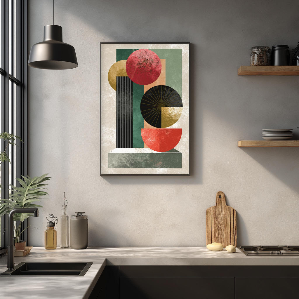 a modern kitchen with a large abstract painting hanging on the wall above a wooden cutting board and other kitchen items.