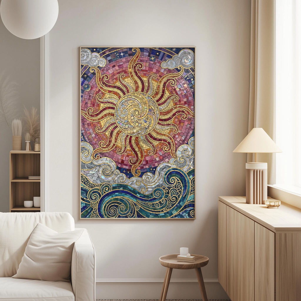 a large, colorful mosaic artwork hanging on a wall in a living room.
