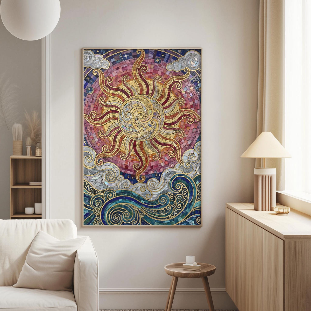 a large, colorful mosaic artwork hanging on a wall in a living room.