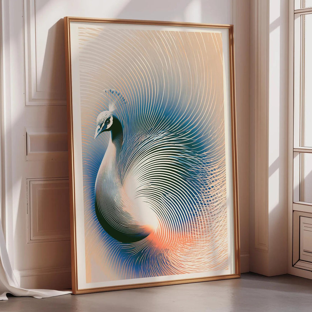 a large, framed artwork depicting a peacock in a dynamic pose, with its feathers spread out in a fan-like display.