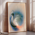 a large, framed artwork depicting a peacock in a dynamic pose, with its feathers spread out in a fan-like display.