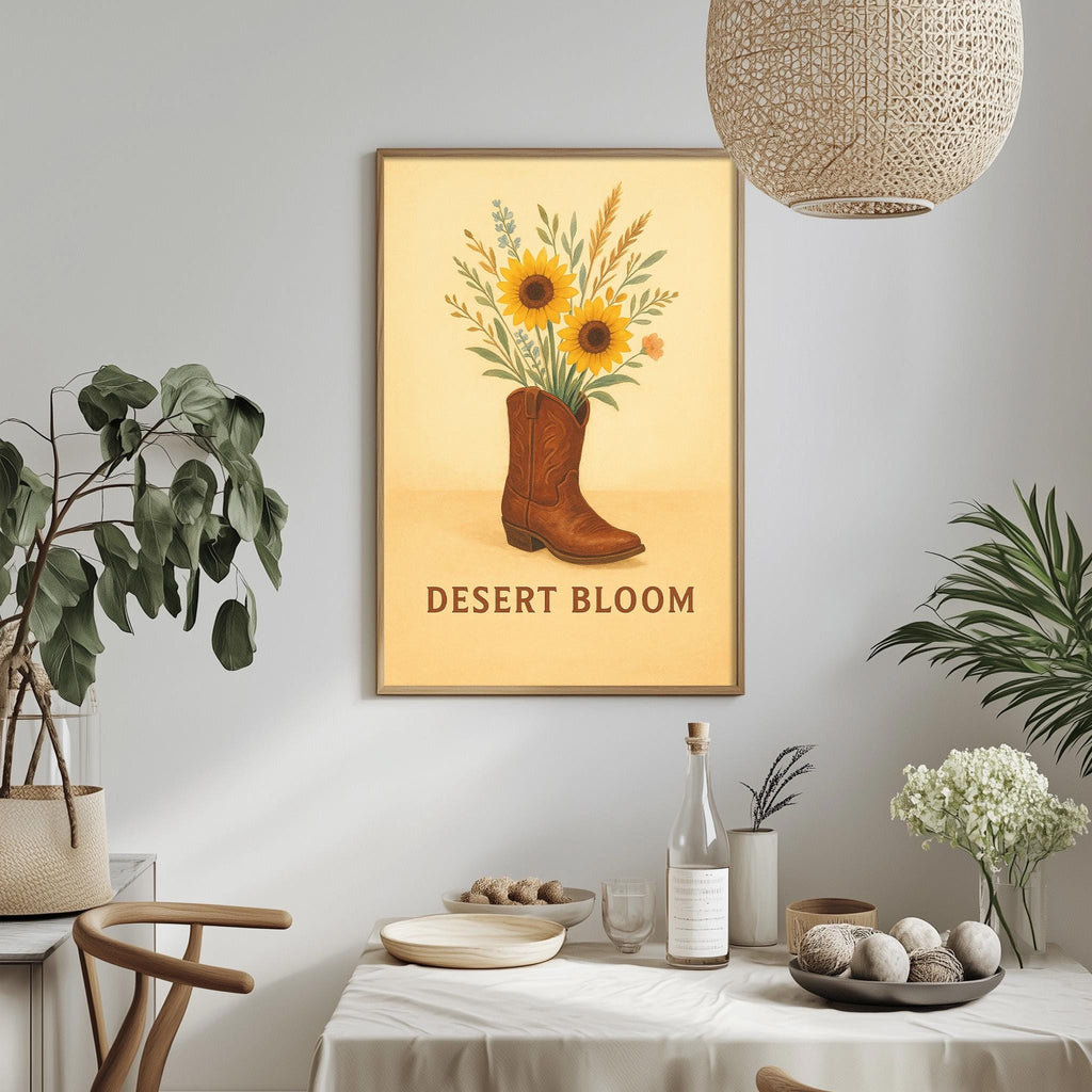 a framed poster of a brown cowboy boot filled with flowers, hanging on a wall above a dining table with various decorative items and plants.