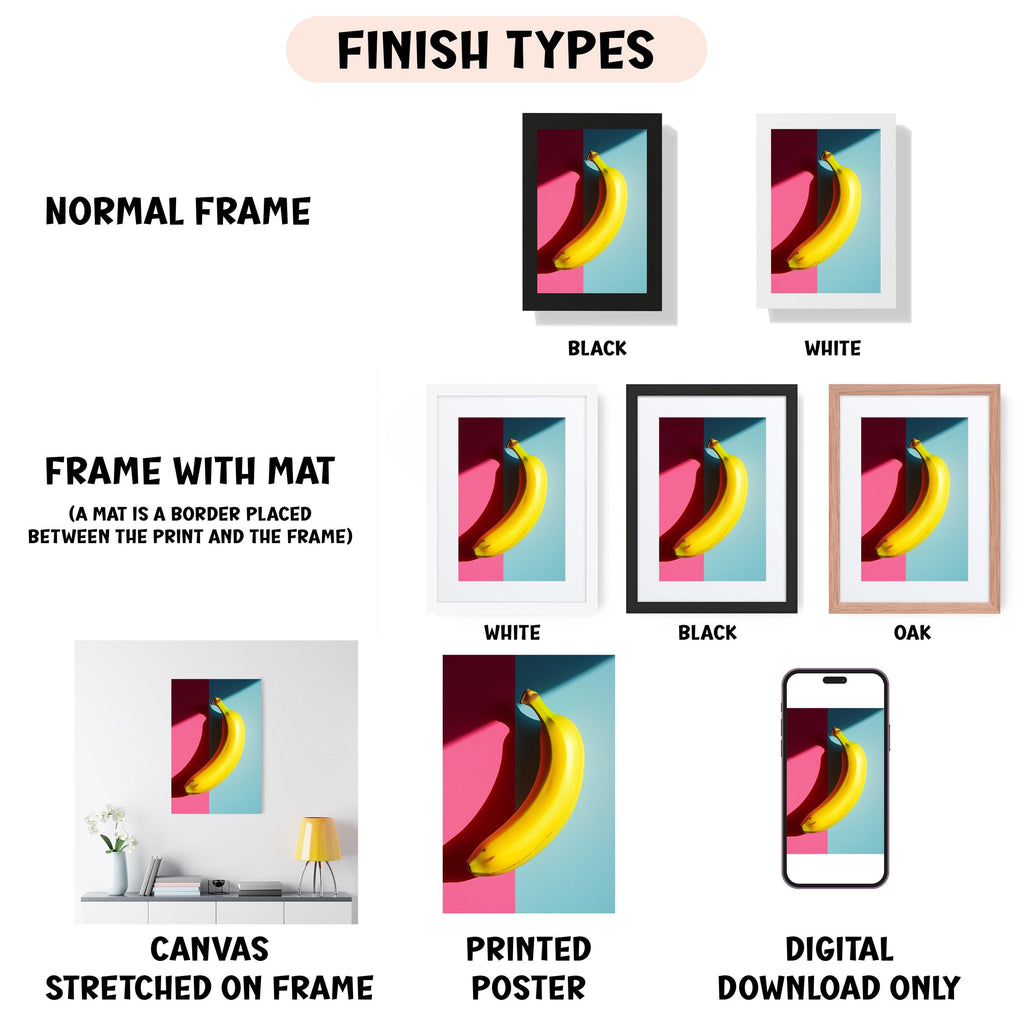 various types of framed artwork, including a normal frame, a frame with a mat, a white frame, a black frame, an oak frame, a white canvas stretched on a frame, a printed poster, and a digital download only.