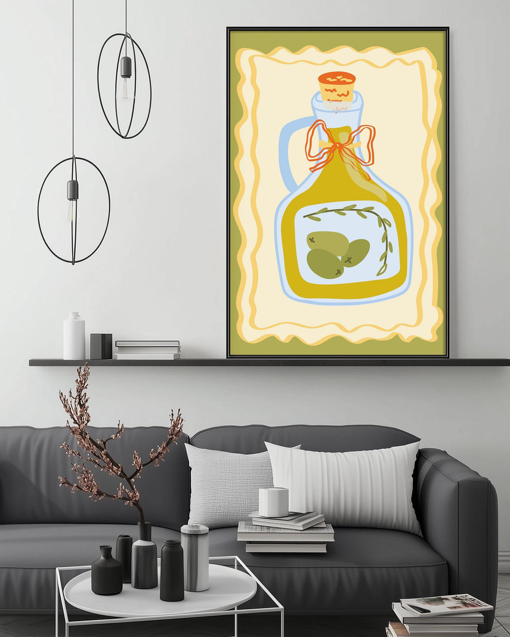 a cozy living room with a gray couch, a coffee table, and a large framed illustration of a bottle of olive oil hanging on the wall above the couch.