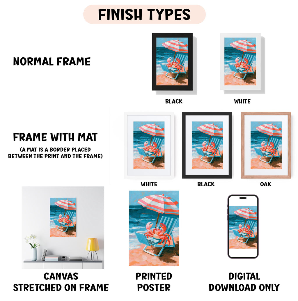 various framed artworks depicting beach scenes, including a beach chair, umbrella, and ocean. The artworks are labeled with different finish types, such as "NORMAL FRAME", "FRAME WITH MAT", "WHITE", "BLACK", and "OAK". The artworks are also described as "CANVAS STRETCHED ON FRAME", "PRINTED POSTER", and "DIGITAL DOWNLOAD ONLY".
