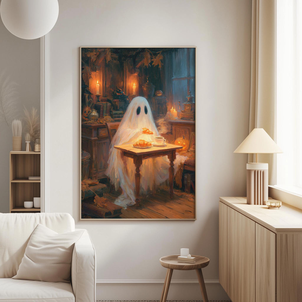 a ghost sitting at a table with a plate of food, surrounded by various objects and a lamp.