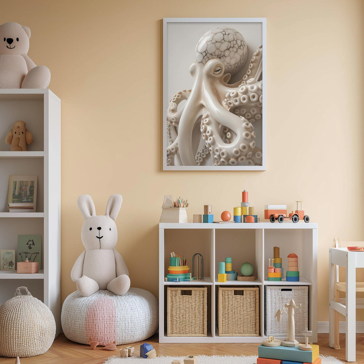 A cozy and colorful children's playroom with a stuffed rabbit, a large framed picture of an octopus, and various toys and storage bins.