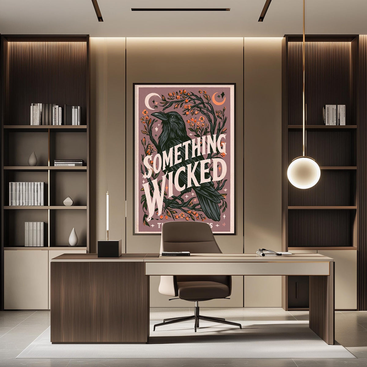 a modern office space with a large poster of a bird, a desk, and a chair. The poster has the text "Something Wicked" written on it.
