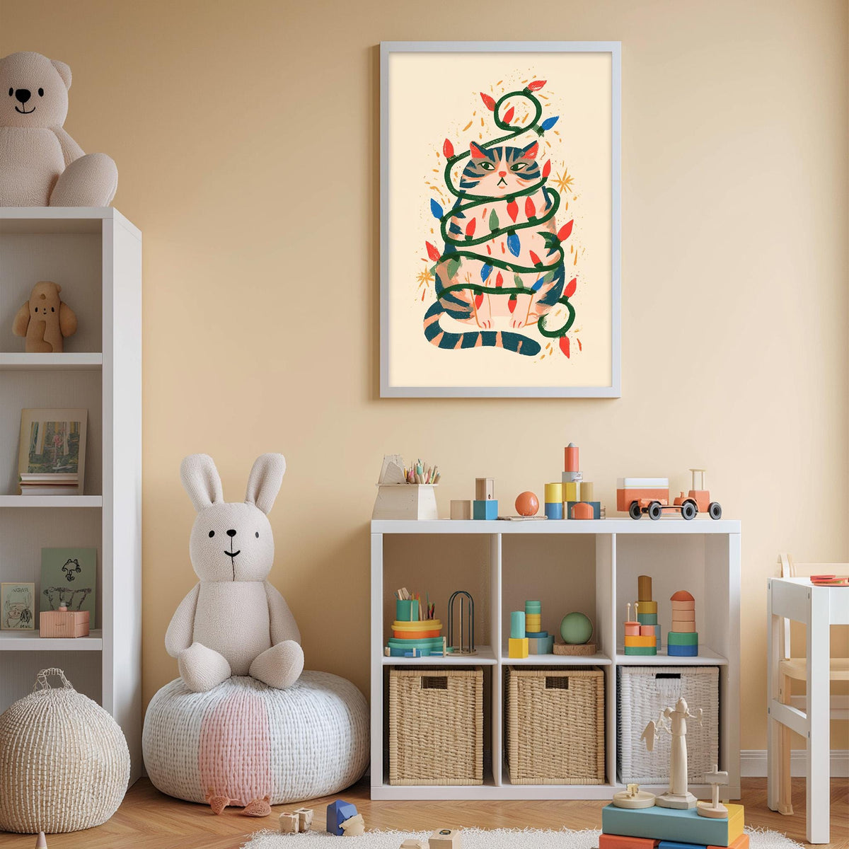 A cozy and colorful children's bedroom with a white bookshelf, a plush white bunny, and a framed illustration of a cat wrapped in Christmas lights.