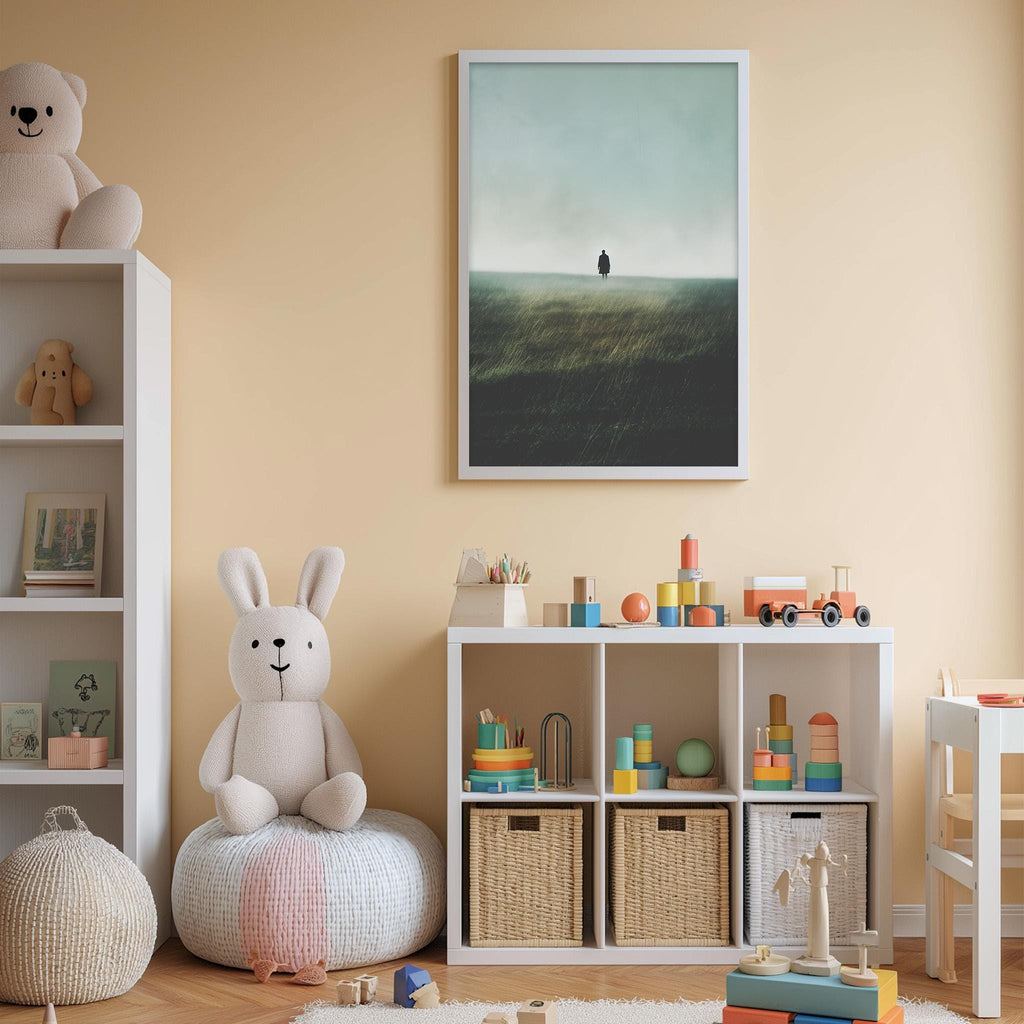 A cozy children's room with a white bookshelf, a plush rabbit, and a toy train set. The room has a warm, inviting atmosphere with a framed landscape painting on the wall.
