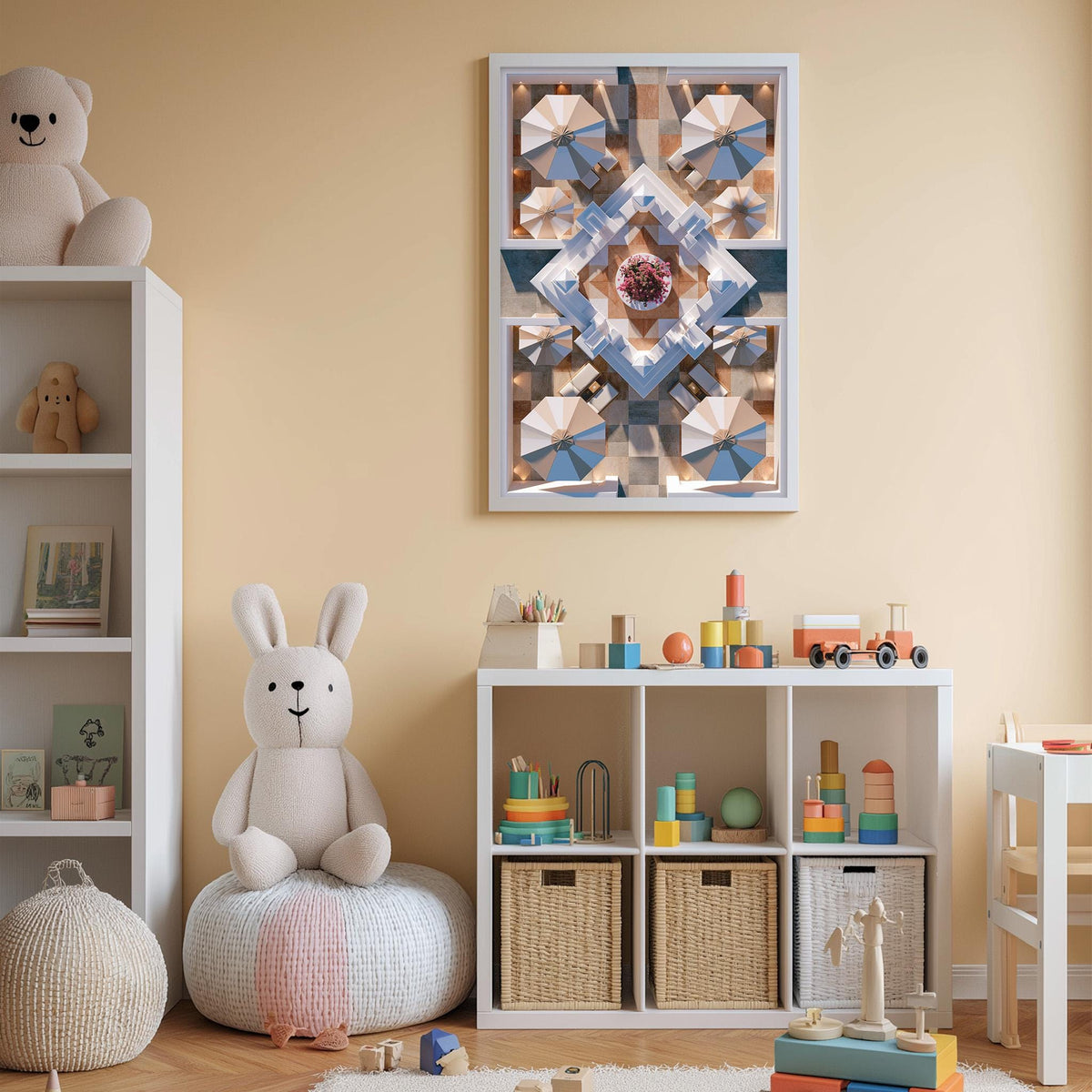 A cozy and colorful children's bedroom with a large stuffed rabbit, a bookshelf, and a toy storage unit filled with toys and books.