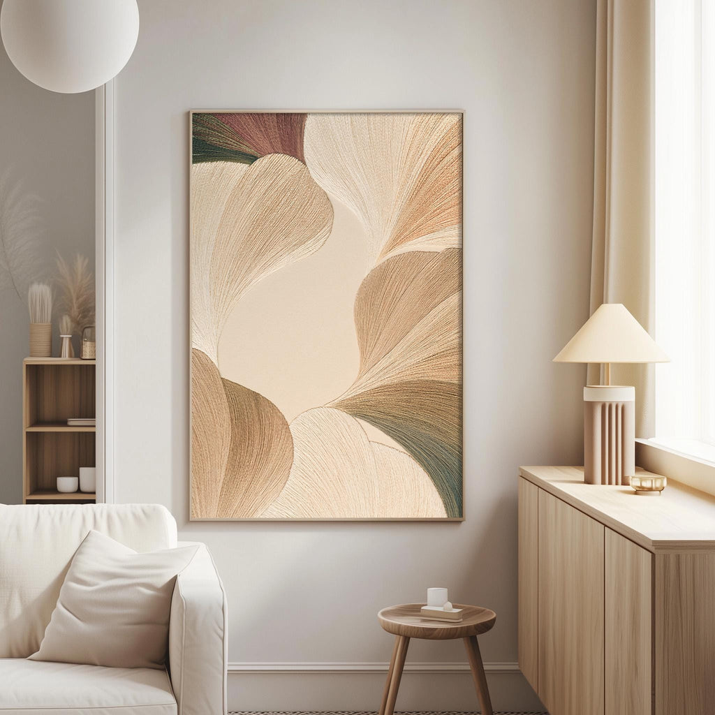 a modern living room with a large abstract painting hanging on the wall, a white sofa, a wooden side table, and a lamp on a wooden cabinet.
