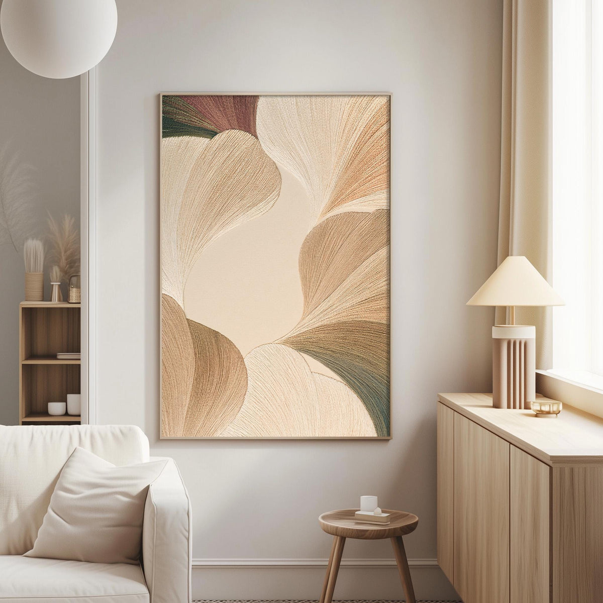 a modern living room with a large abstract painting hanging on the wall, a white sofa, a wooden side table, and a lamp on a wooden cabinet.