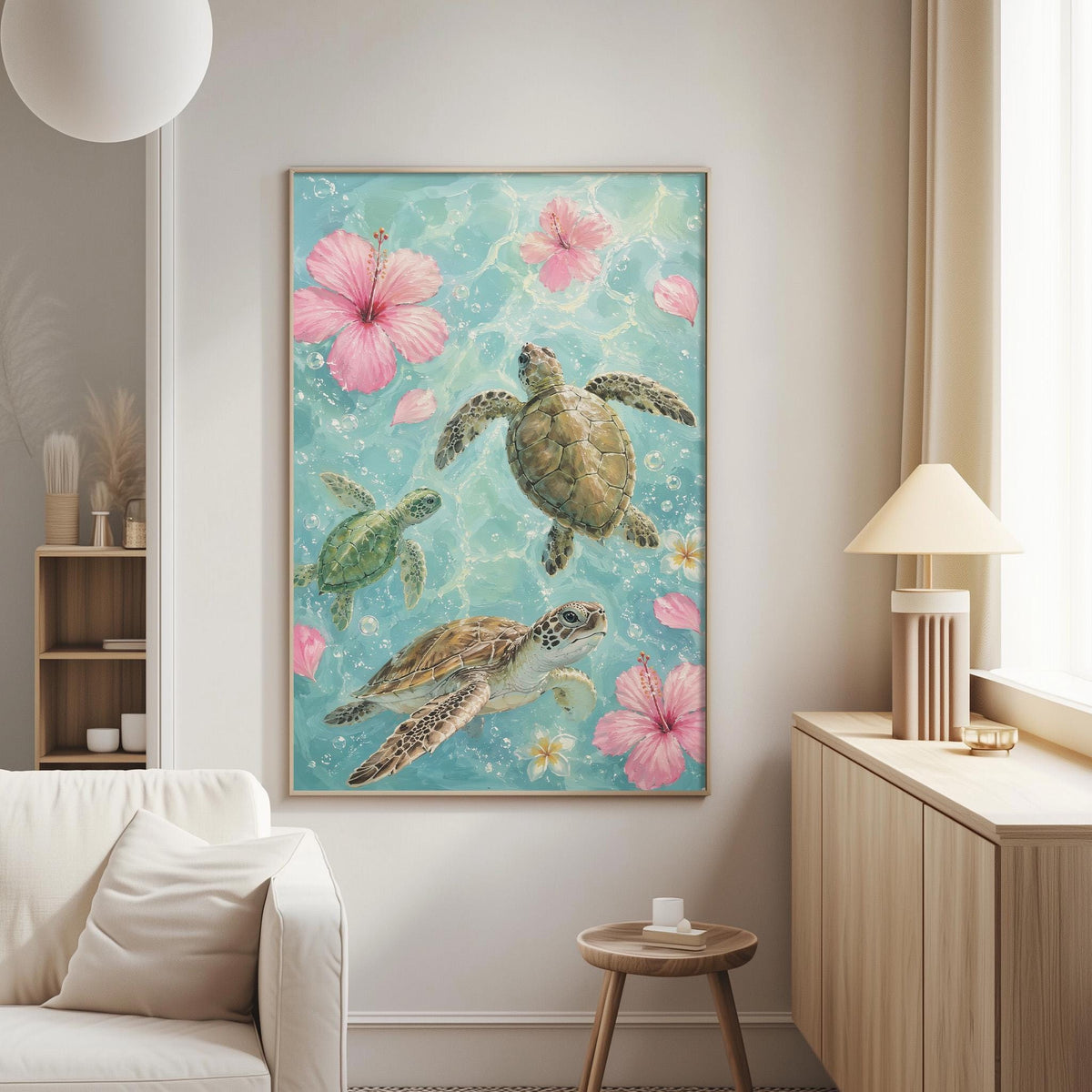 a large painting of three sea turtles swimming in a blue ocean scene, with pink flowers floating around them.