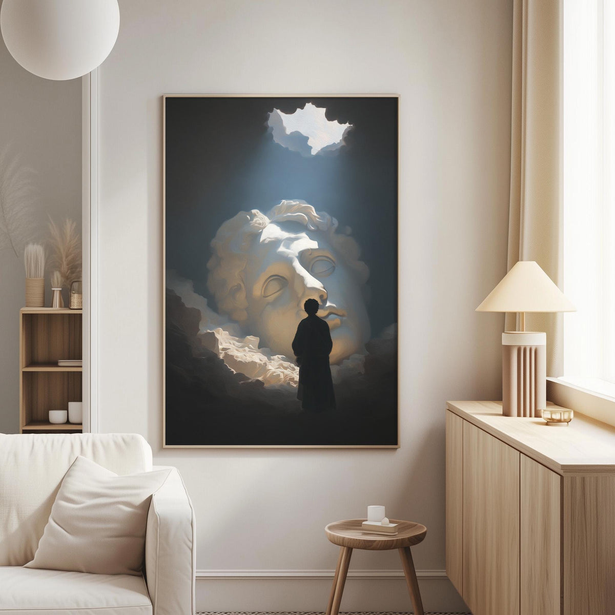 a person standing in front of a large, abstract painting that features a face and clouds. The painting is hanging on a wall in a living room setting.