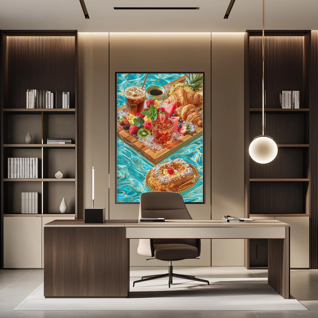 a modern office space with a large, colorful painting of food displayed on the wall. The painting includes a variety of fruits, pastries, and other food items arranged on a floating platform. The office has a sleek, contemporary design with dark wood furniture, including a desk and a chair. The room is well-lit, with a pendant light hanging from the ceiling and a large window providing natural light.