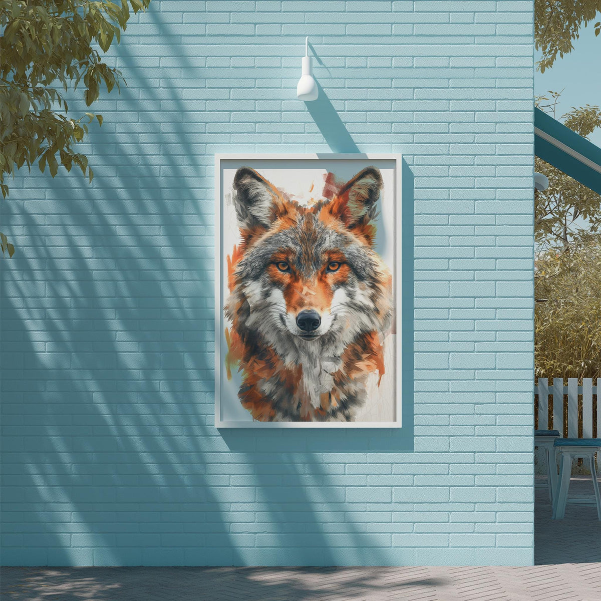 a large, colorful painting of a wolf's face hanging on a blue brick wall.